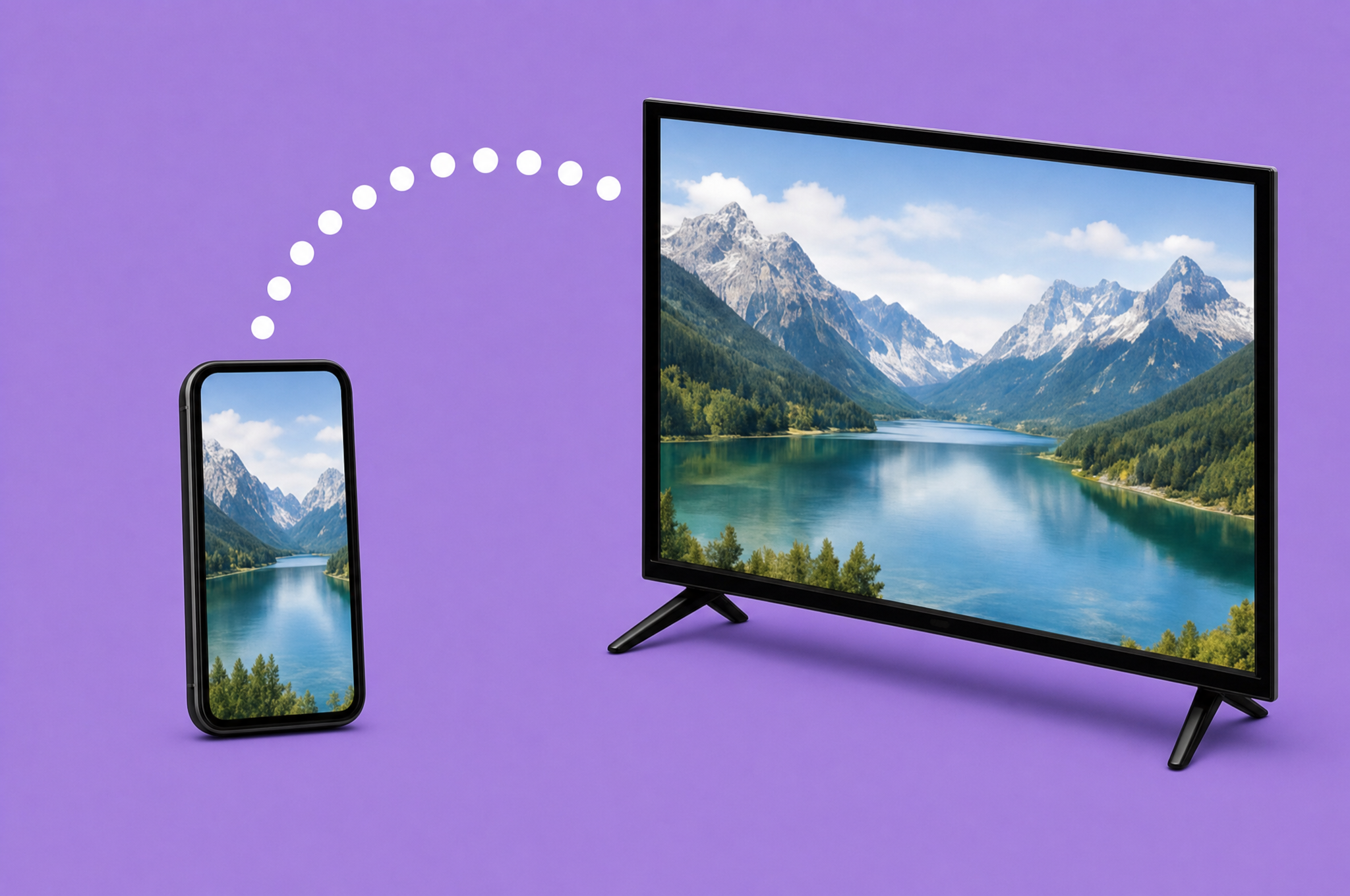 Illustration: a phone casting a mountain-lake photo to a TV on a violet field