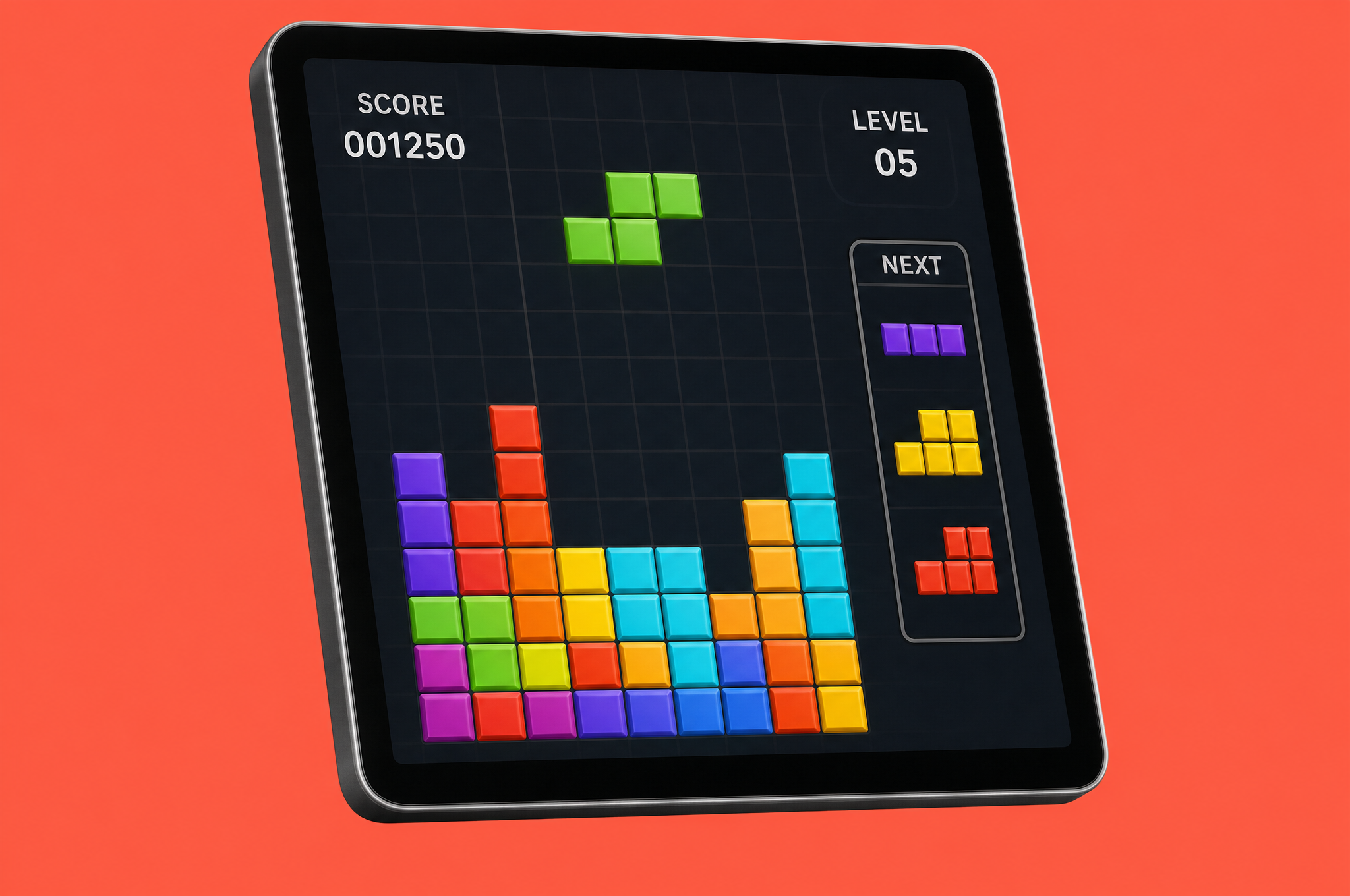 Illustration: a tablet showing a block-puzzle game on a coral field