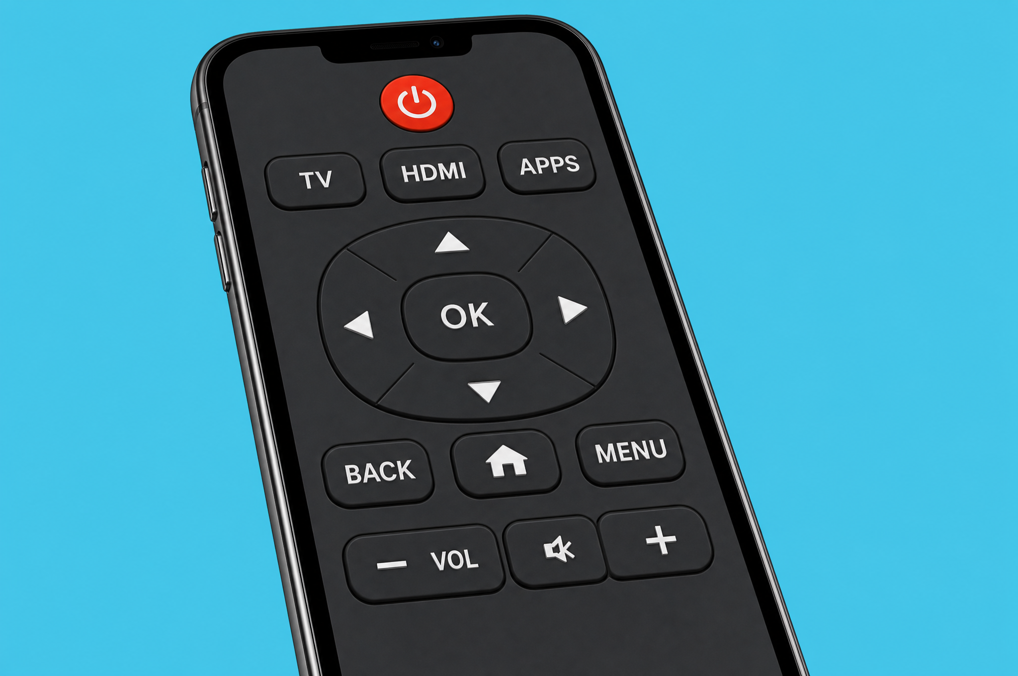 Illustration: a phone showing a TV remote keypad on a cyan field