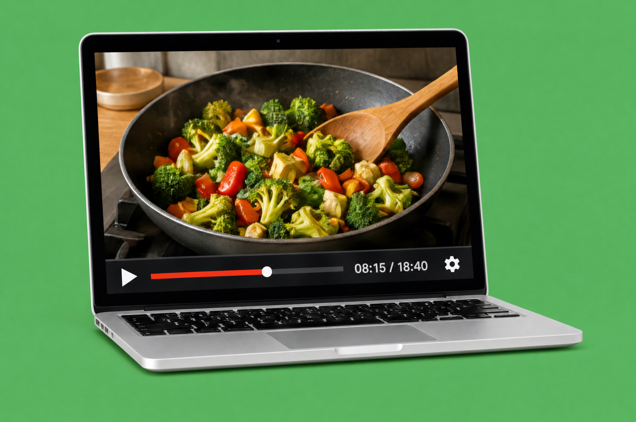 Illustration: a laptop playing a cooking video on a green field